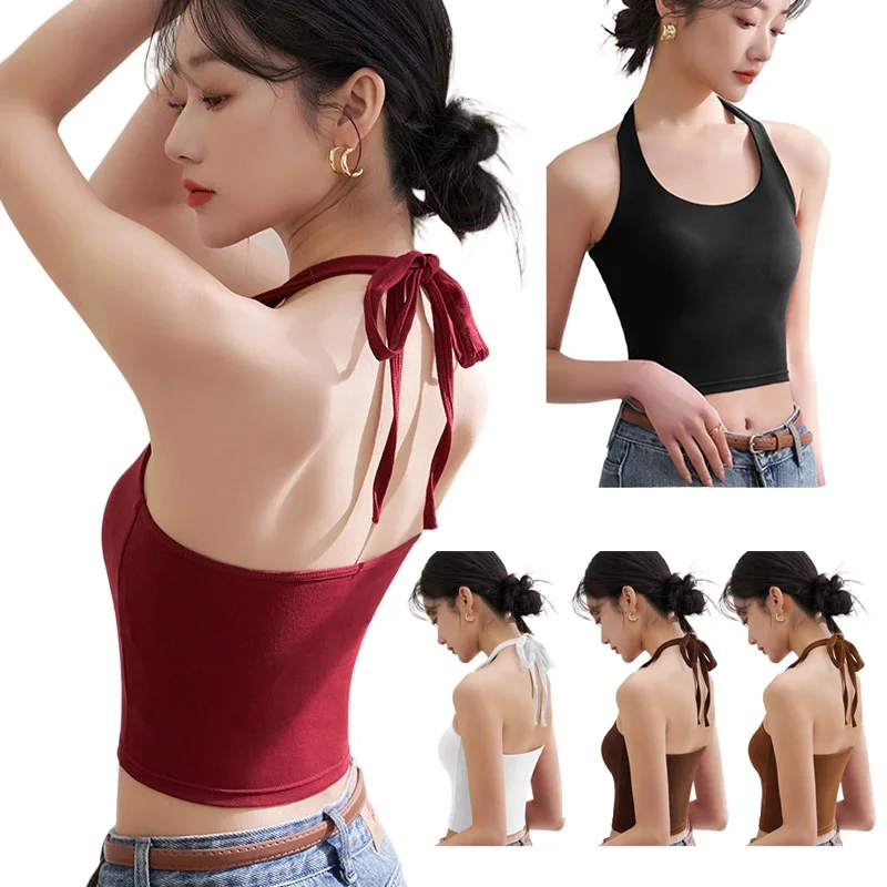 Haut court avec coussretours de poitrine pour femme, bretelles spaghetti, dos licou, sous-vêtements dos beauté, fibrCamisole, Y, 40-60kg
