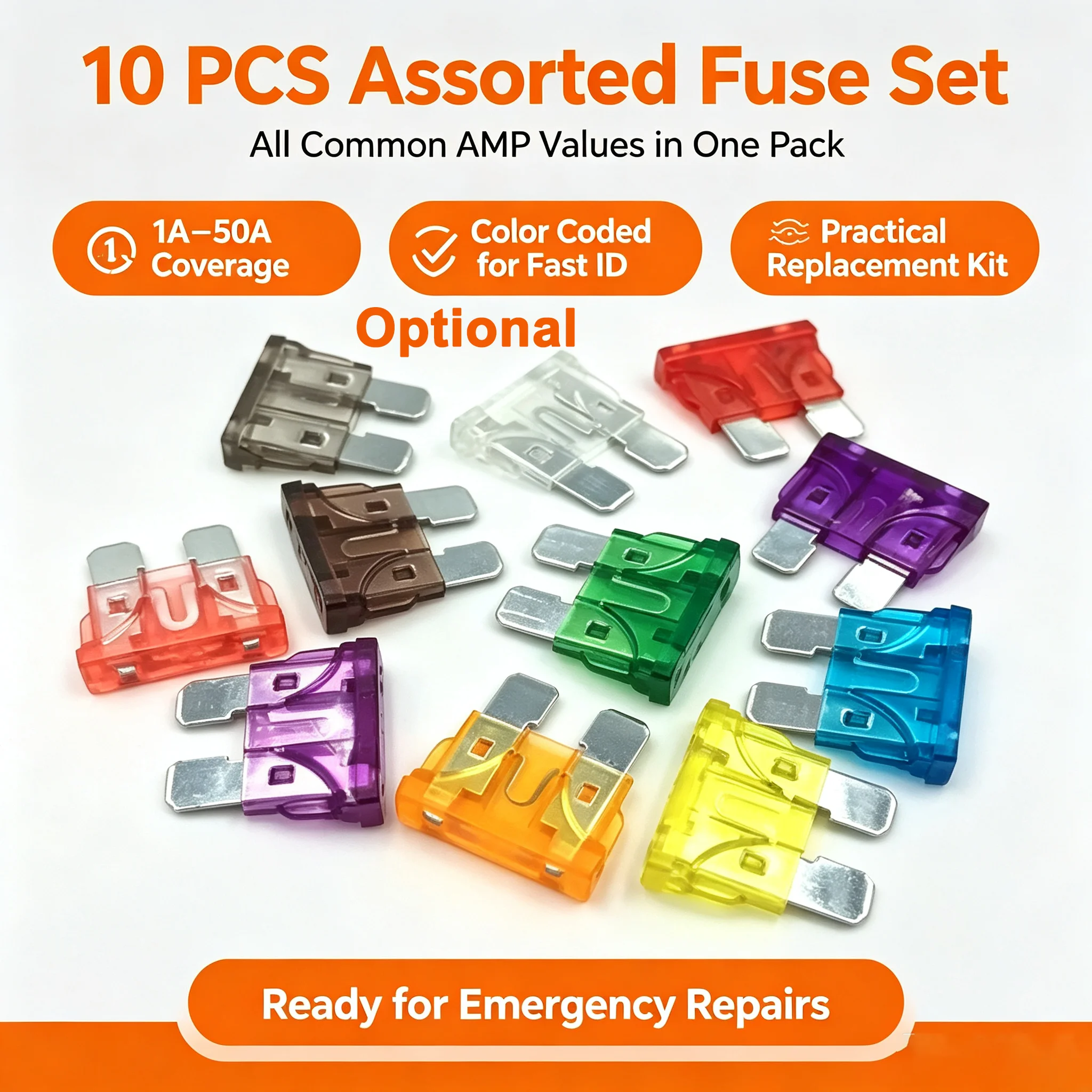 Medium Standard Blade Fuse Insert ZINC Pins 1A 2A 3A 5A 7.5A 10A 15A 20A 30A 40A 50A Refitted For Auto Car Truck 10pcs