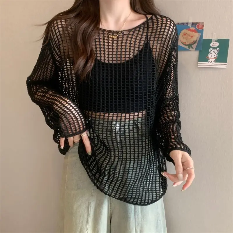 Hollow Out Sun-proof T-shirts Women Vintage Loose Fashion Long-sleeve Casual Summer New 5-colors Literary Elegant Korean Style