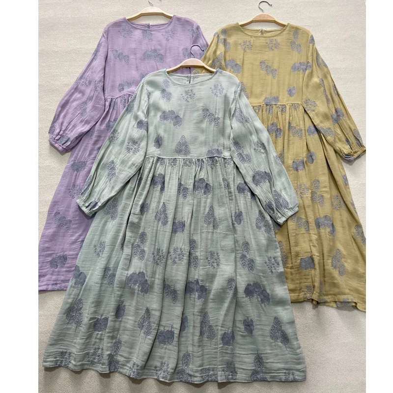 Johnature 2024 Summer New Japanese Linen Embroidery Floral Dress Women Vintage O-neck Loose Solid Color Female Dresses