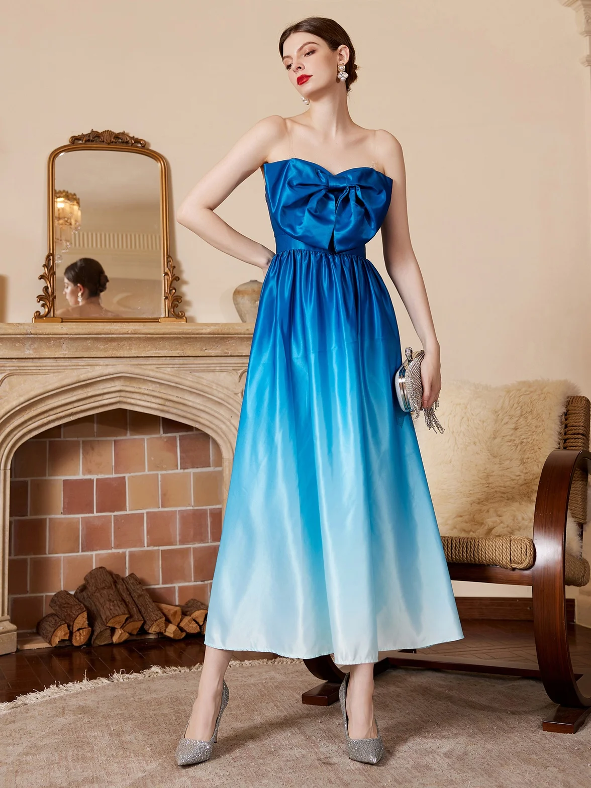 2022 Blue Gradient Tube Top Cocktail Dresses for Women Off Shoulder Backless Sexy Party Prom Gown Elegant with Bow Tie Vestidos