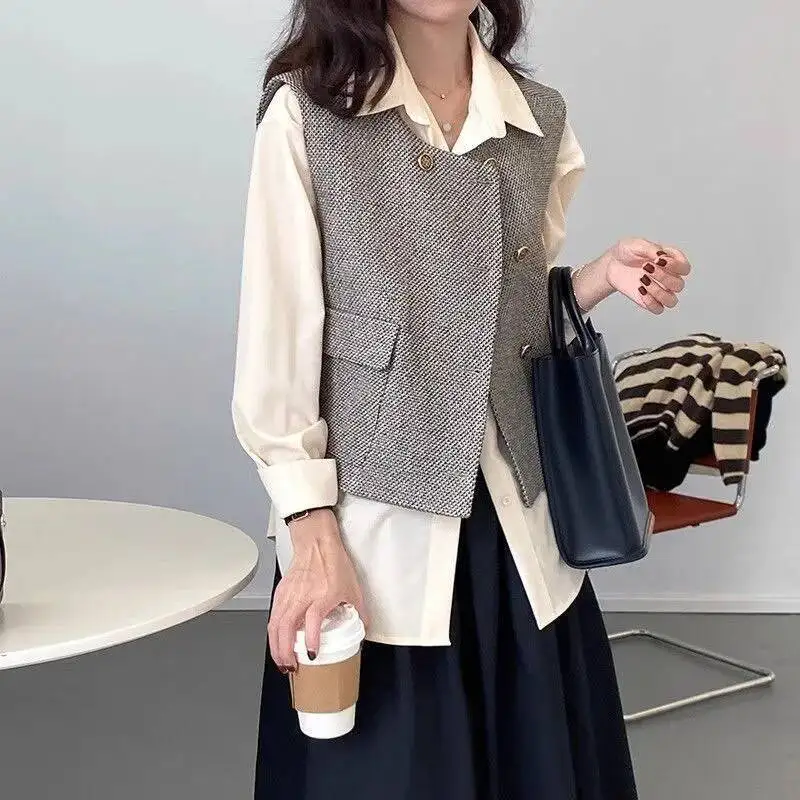 여성용 빈티지 숏 트위드 조끼, 모든 스타일에 어울리는 더블 브레스티드 민소매 탑, 가을 신상 스트릿웨어 웨스트코트