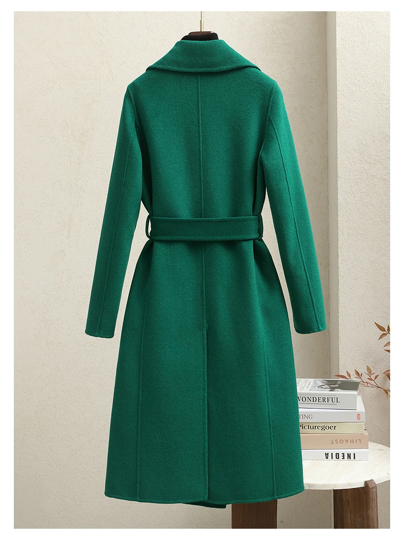 Lingzhi Wu Wool Coat Double Sided Woolen Outerwear Female Long Top Slim Elegant Autumn Winter Green New Arrival