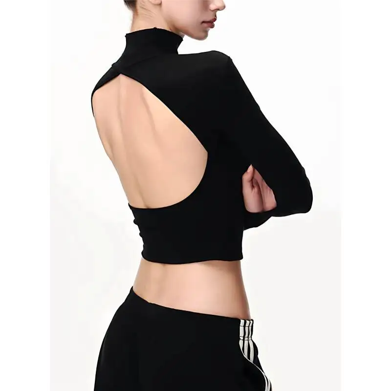 2026 Spring New Women's Turtleneck Crop Top Long Sleeve T Shirt Spice Girl Back Hollow Out Sexy Design Backless Slim Fit Top
