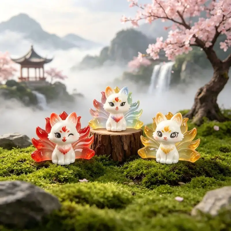 Cartoon Nine-tailed Fox Mini Resin Charm Cute Animal Figurine 1PC for DIY Keychain Bracelet Jewelry Craft Supplies