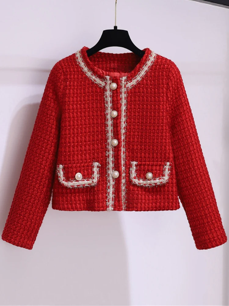 Autunno inverno moda Plaid rosso Tweed due pezzi Set donna perle monopetto frange giacche di lana cappotto + minigonna tascabile