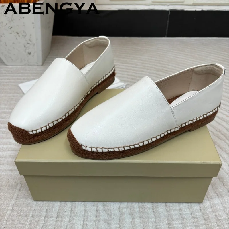 

ABENGYA Summer New Round Toe Slip on Loafers Flat Shoes Women Suede Leather Punk Style Simple Shoes Casual Walk Shoes Woman