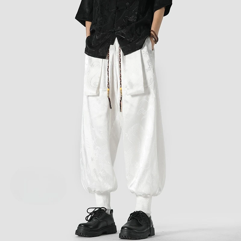 Men's Dragon Pattern Jacquard Pants Summer Thin Ice Silk Trousers Loose Plus Size Casual Ankle Length Harem Pants