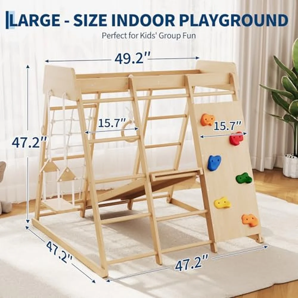 8 in 1 Wooden Jungle Gym for Kids Indoor & Outdoor Toddler Playset with Slide Swing Monkey Bars Rock Climbing Wall Rope