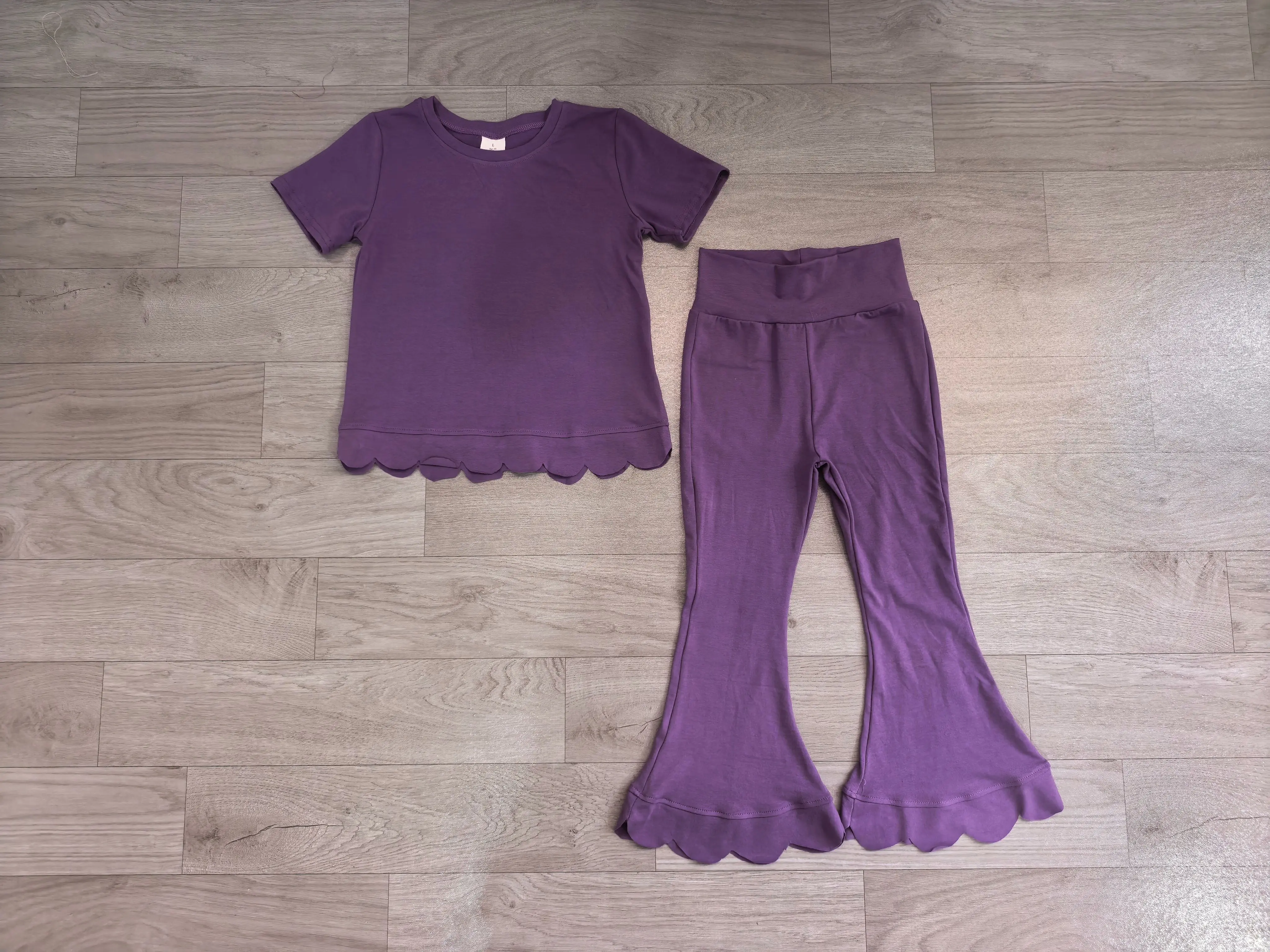 Wholesale Children Toddler Outfit Baby Girl Purple Short Sleeves Scalloped Shirt Kids Bell Pants Girls Yoga Clothing