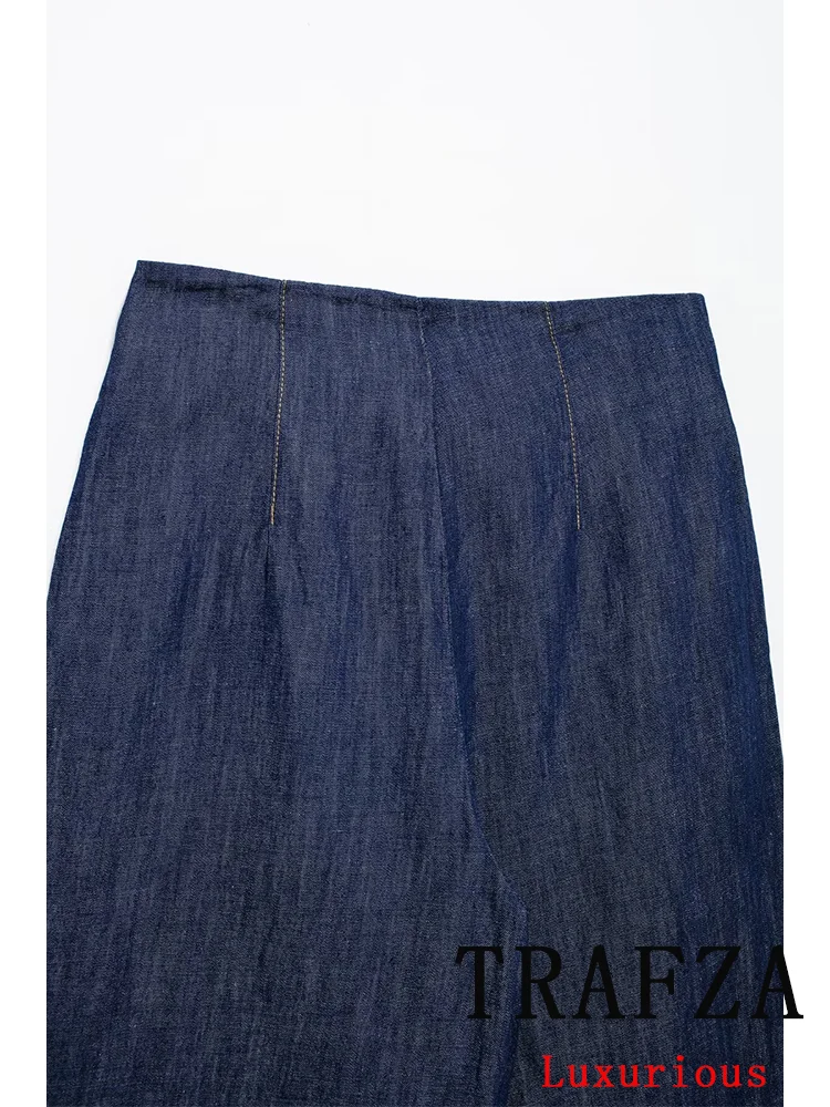 TRAFZA Vintage Casual Chic Women Denim Pants Solid Pockets Straight Loose Long Pants New Fashion 2024 Autumn Female Trousers