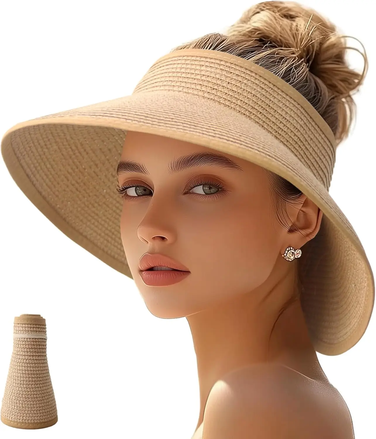 

Женская соломенная шляпа-козырек с широкими полями и отверстием для хвоста, пляжная, с защитой от УФ-излучения, складная, для путешествий