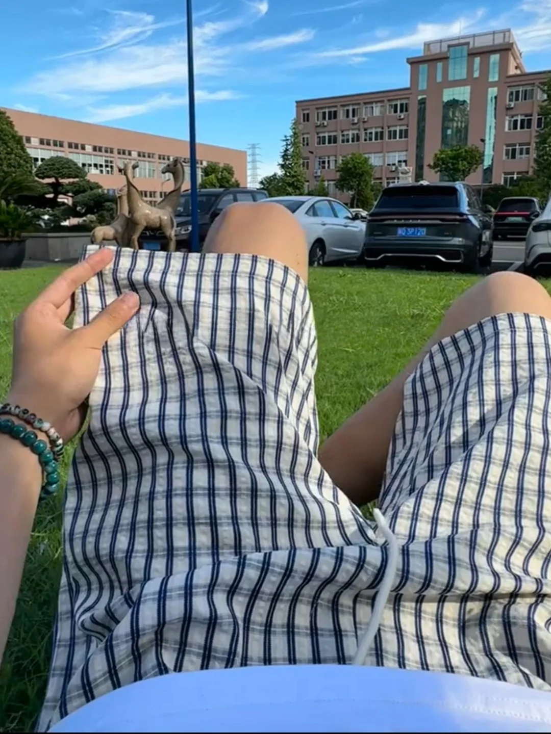 

Blue Plaid Bubble orts Men's Summer Thin Lazy American Five-Quarter Casual High-End Feeling Loose Straight Leg Knee-Length