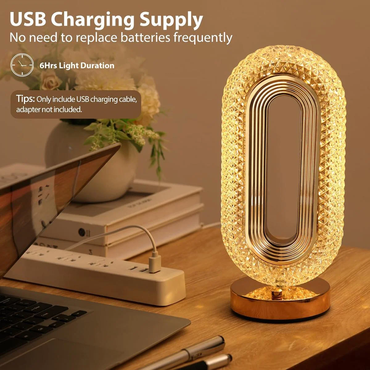 Modern Portable Crystal LED Table Lamp 3-Level Brightness Touch Control Rechargeable Desk Lamp 3 Color Settings Night Light 1pc