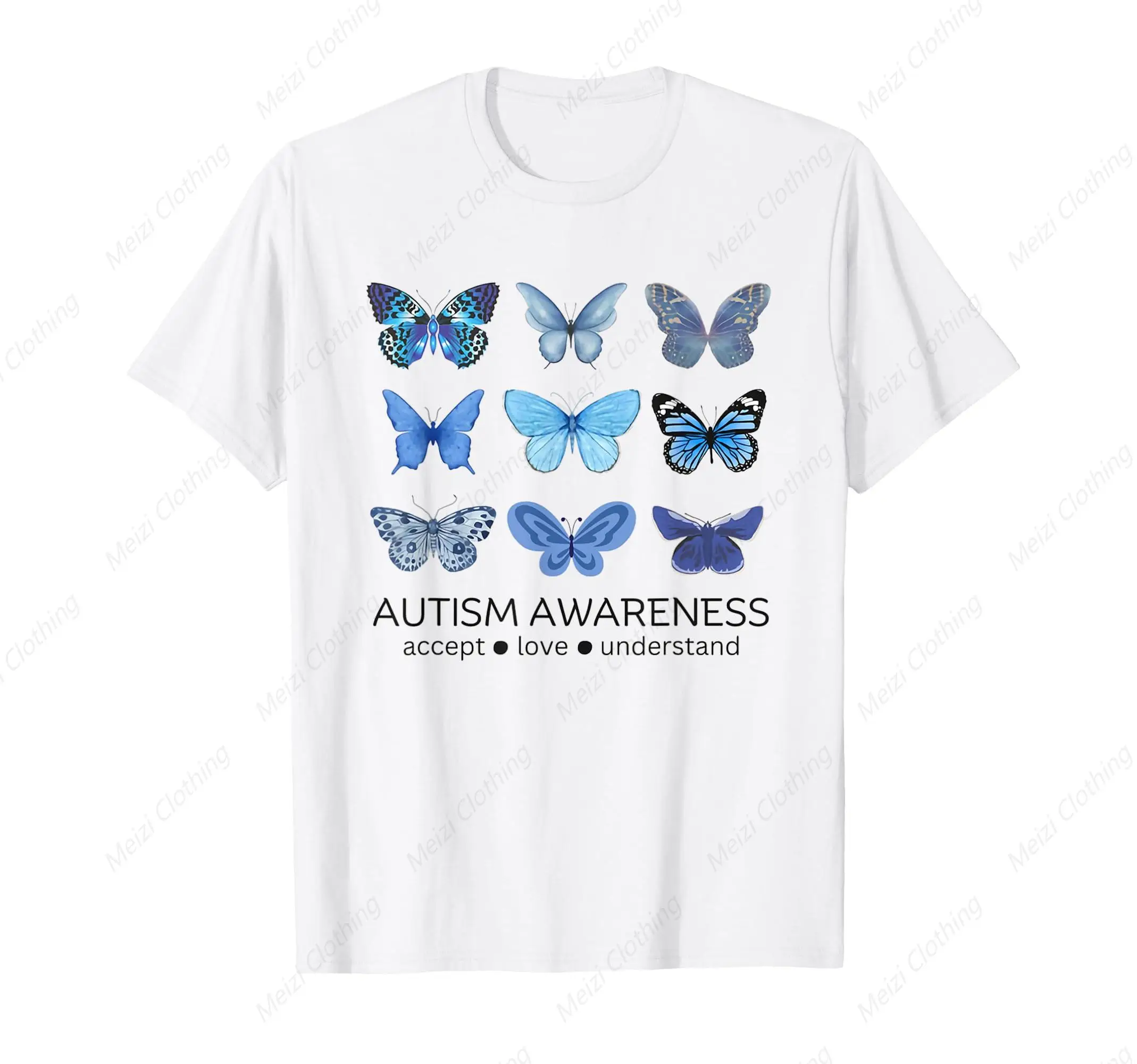 Men'S And Women'S Blue Butterfly Autism Mental Health T-Shirt Printed Shirt Pure Cotton White Casual Fit T-Shirt