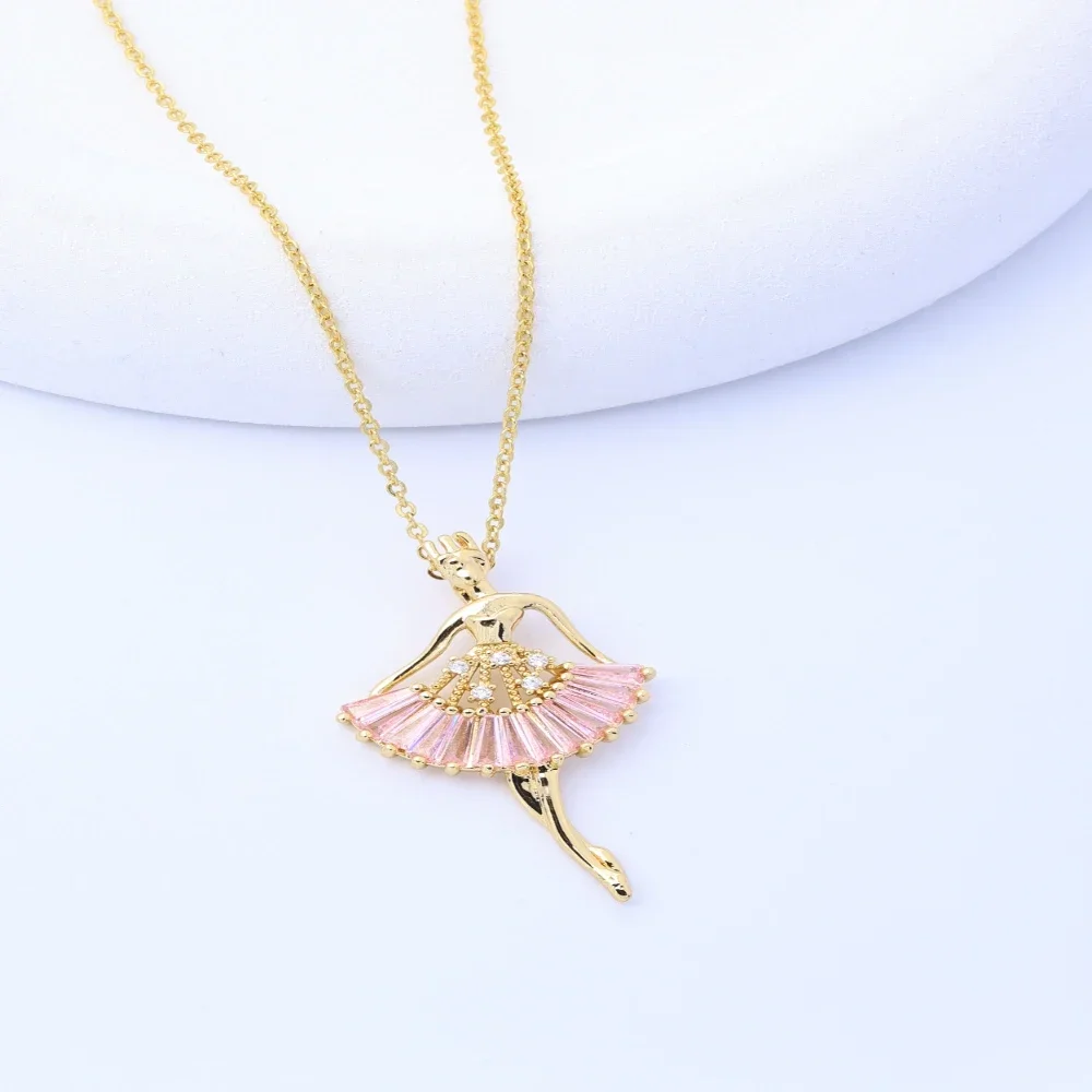 Elegant Ballet Girl Angel Pendant Necklace, 18K Gold Plated with Pink Zircon, Stylish Jewelry Decoration for Women