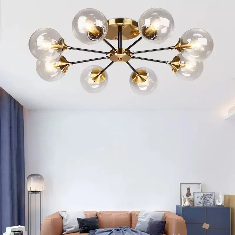 Bloom Smoked Glass Globe Sputnik Chandeliers Gold 16-Light Mid Century Starburst Chandeliers Bubble Flush Mount Ceiling Light Fi