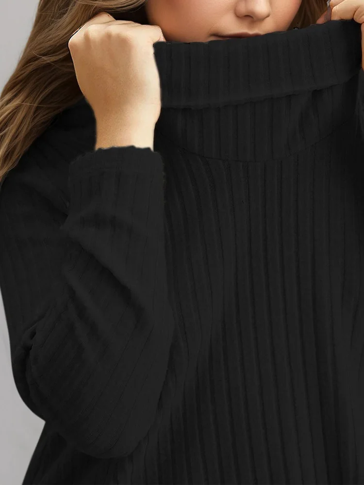 GIBSIE プラスサイズ スカーフカラー ブラック リブニット Tシャツ レディース 秋冬 カジュアル 長袖 無地 ティー トップス 女性用