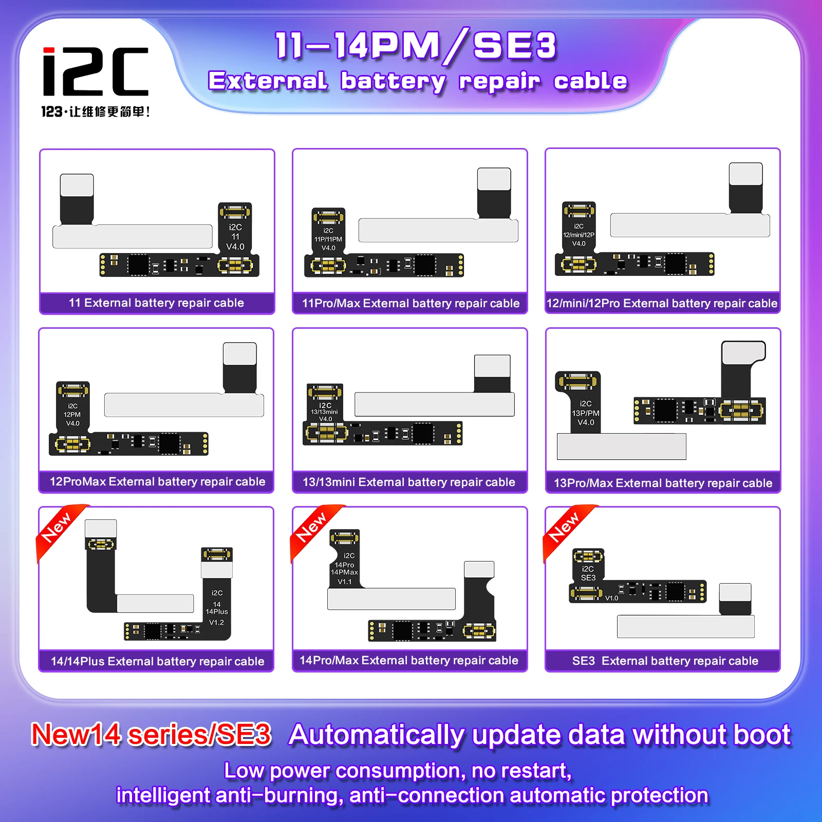 

i2C Battery Flex Cable for iPhone 11-14PM External Battery Repair with i6S KC01 Programmer Read Write Bottom Battery Data