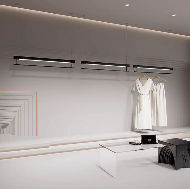 

Clothing store display shelves with wall mounted LED hanging iron black hanging clothes display shelves