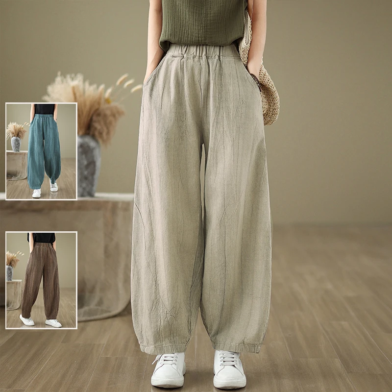 

Ретро плиссированные цветные хлопковые льняные брюки-фонарики Харлан с высокой талией, утягивающие повседневные брюки, универсальные длинные брюки для женщин