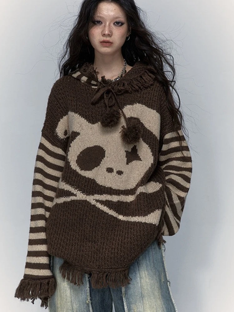 Y2K Punk Skull Hooded Sweater Women Long Sleeve Harajuku Streetwear Loose Knitted Pullovers Autumn Winter Casual Fashion Clothes