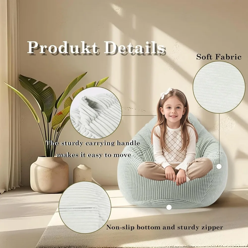 Poltrona a sacco in memory foam per bambini e adolescenti, morbido tessuto di velluto a coste, verde grigiastro, perfetta per soggiorno, camera da letto, dormitorio