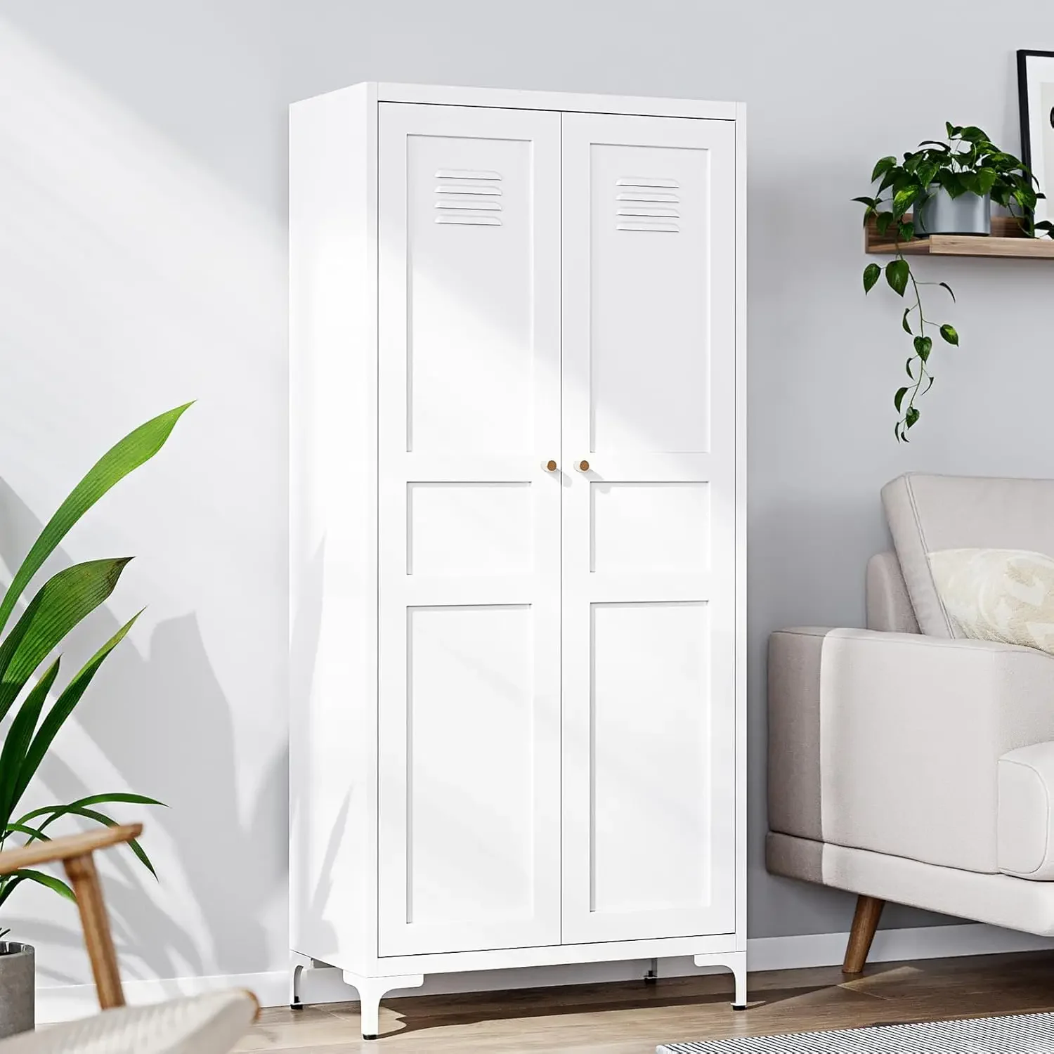 Armoire de rangement en métal avec 2 portes et 4 étagères réglables, armoire de rangement pour garde-manger de cuisine blanche, cabine en acier à 5 niveaux, 61 po