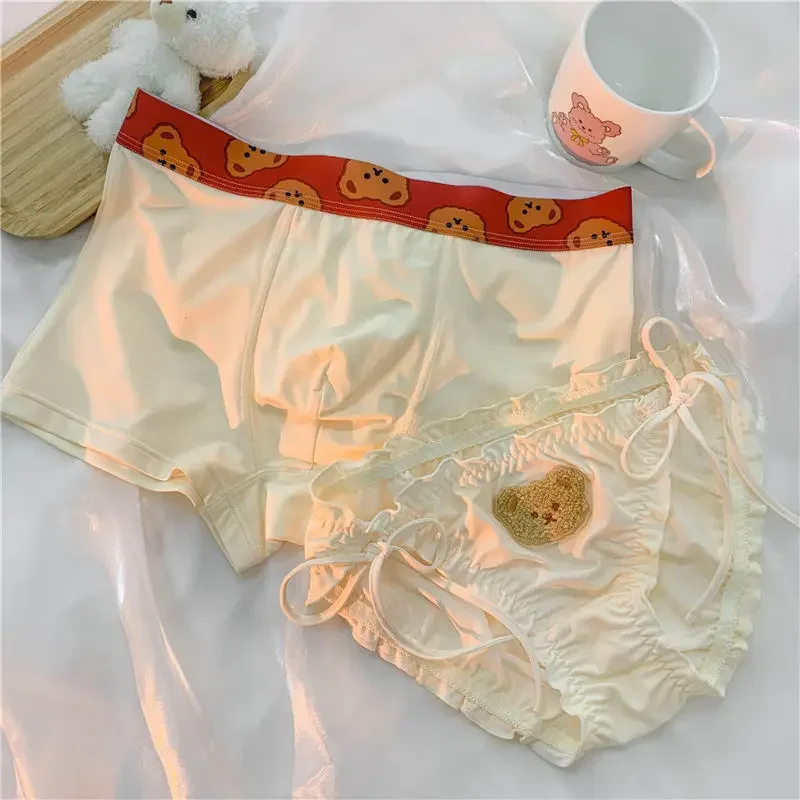 2PCS Couple Underwear Women Men's Boxers Shorts Panties Cartoon Bear Boy Girls Underpants Panties Sexy Plush Bandage Lovers
