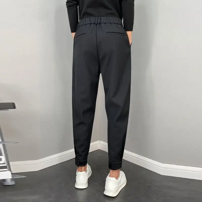 2025 Fashion Men Casual Pants Elastic Waist Small Feet Slim Korean Style Pleated Tapered Male Blazer Pants Trousers Streetwear