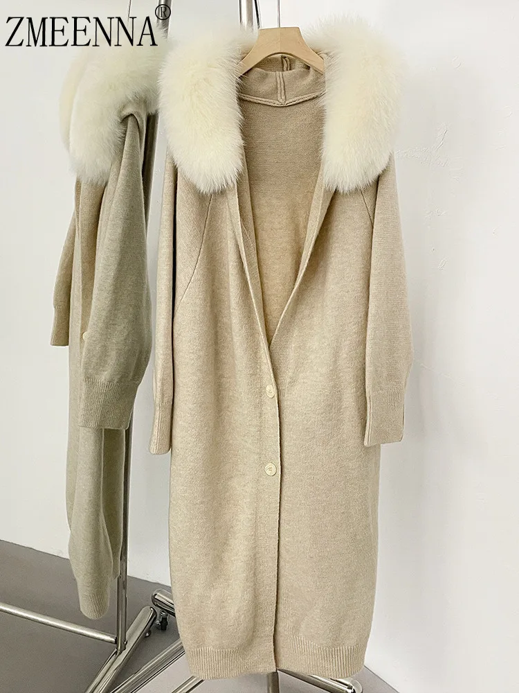 

ZMEENNA Cozy Beige Long Knit Cardigan For Women Elegant Faux Fur Collar Button Down Sweater Coat Perfect For Winter ZM3601