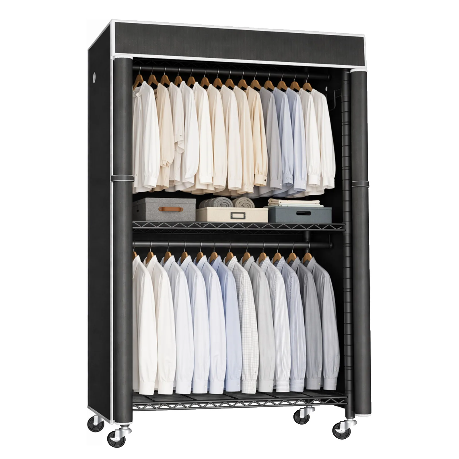 

Freestanding Garment Rack with Dust Cover Single Rod Metal Clothes Closet Storage Shelf Side Hooks Rolling Wheels Portable Clothing Wardrobe Organizer for Bedroom