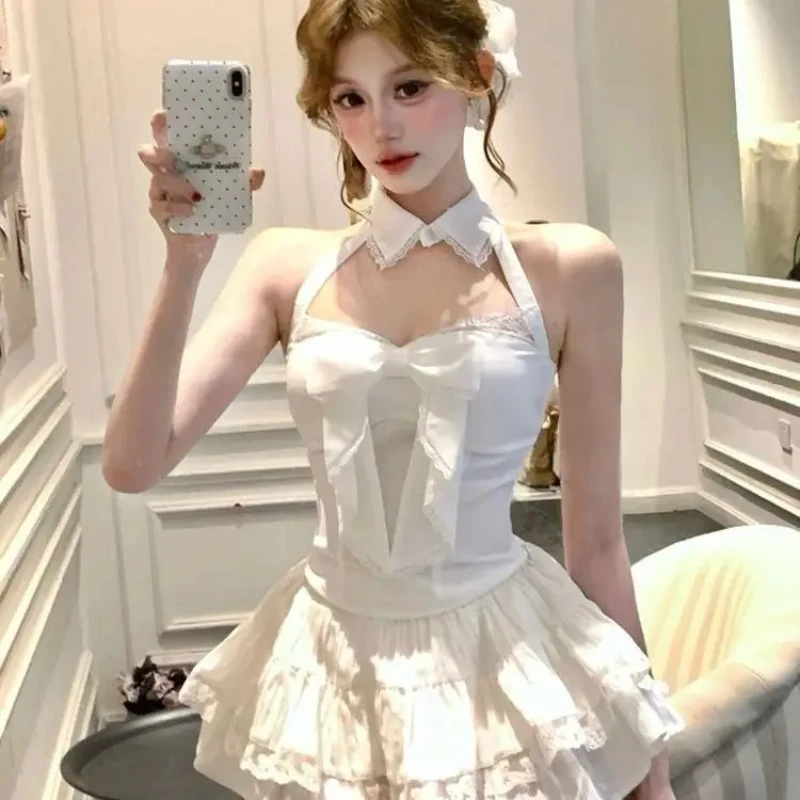 

Лето 2022, новые универсальные комплекты из двух предметов Y2k, лоскутный топ с лямкой на шее и кружевом с бантом для женщин + юбки трапециевидной формы с высокой талией и рюшами