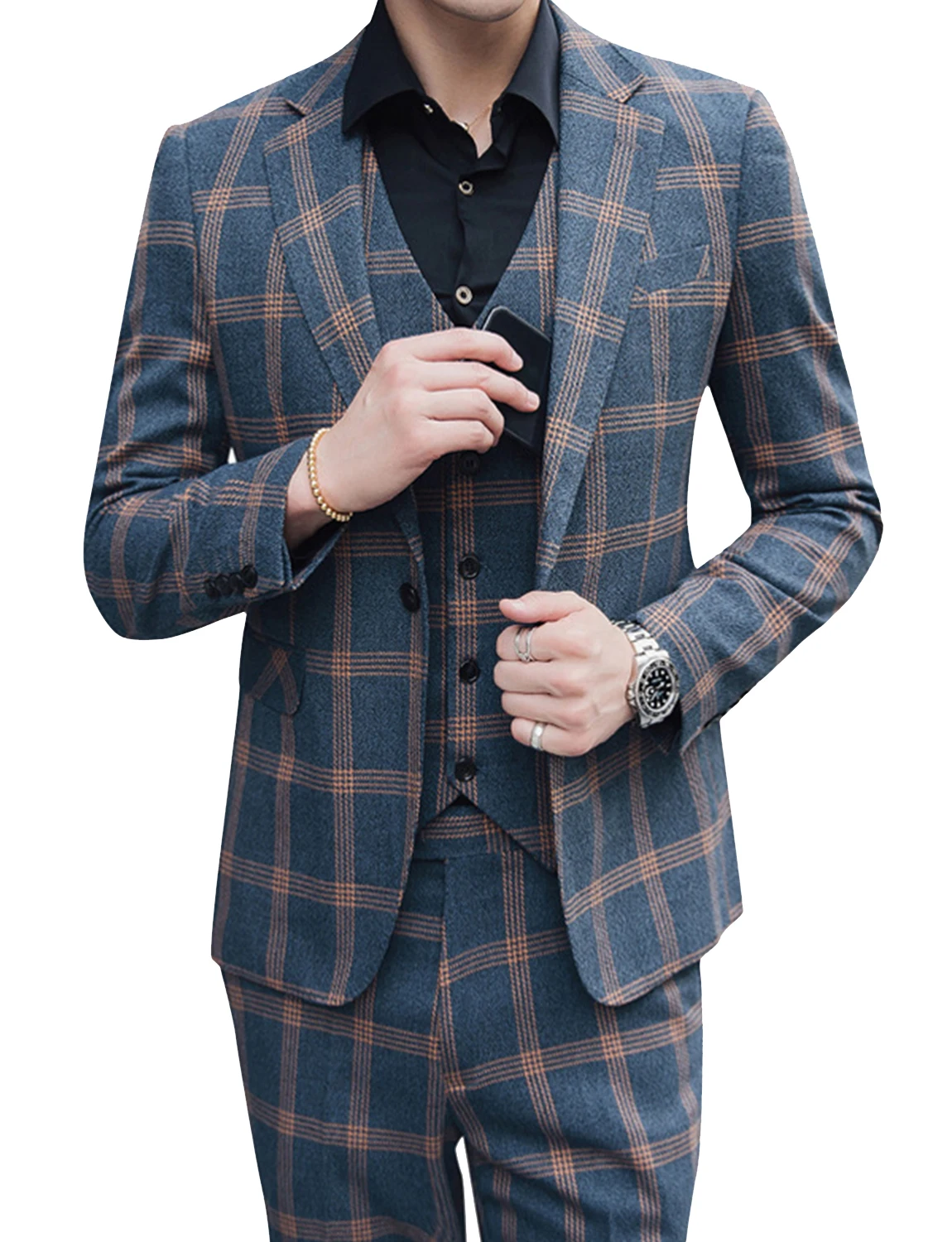 

Men's Plaid Modern Fit 3-Piece Suit One Button Jacket Tux Waistcoat & Trousers