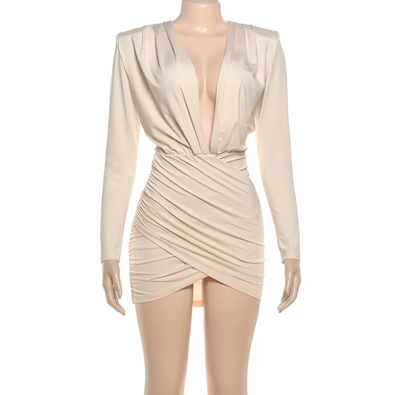 Women Solid Wrap Ruched Bodycon Mini Dress Elegant Sexy Deep V Neck Long Sleeve Slim Party Clubwear Female Casual Streetwear