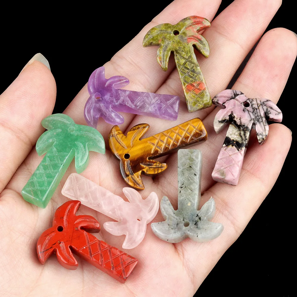 Natural Crystal Stone Carved Coconut Tree Statue Palm Trees Amethyst Healing Crystals Ornament Home Decor DIY Pendant with Hole