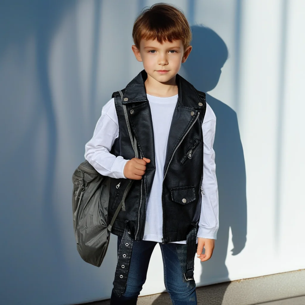 

Kids PU Leather Vest Unisex Biker Sleeveless Jacket Hip Hop Style Top for Boys Girls Spring Autumn Trendy All-Match Waistcoat