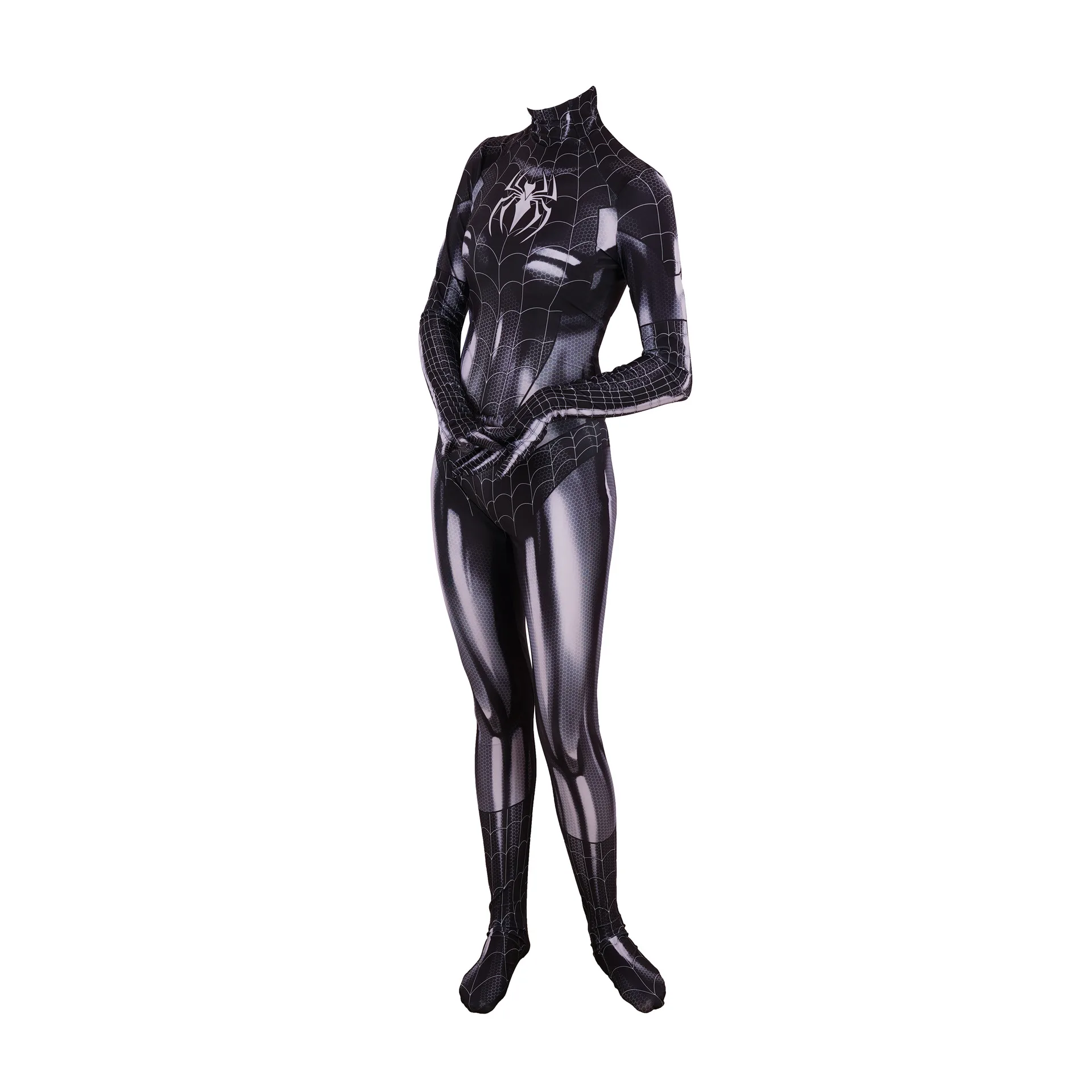 

Long Sleeve Jumpsuit Crotchless Option Women Halloween Spider Web Cosplay Costume Black 3D Print Bodysuit Anime Hero Zentai Suit