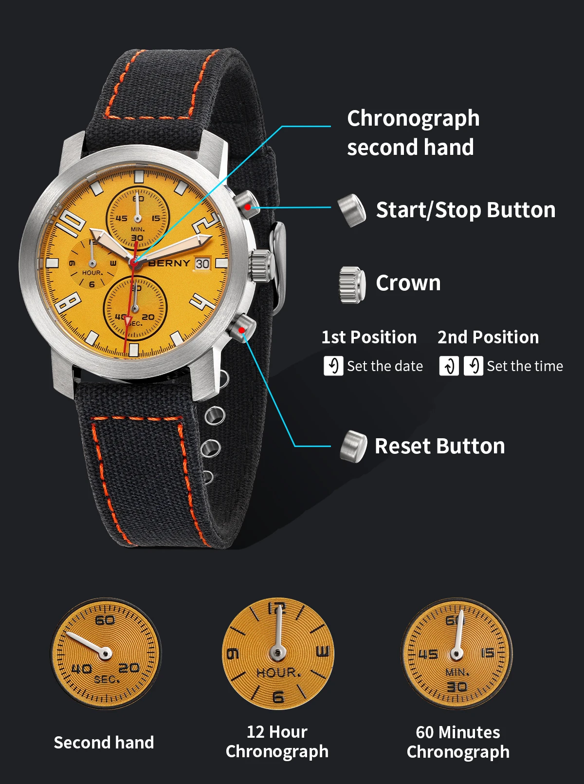 BERNY Chronograph-Uhren für Herren, grün leuchtendes kleines Zifferblatt, multifunktional, leichte Herrenuhr, Saphirglas, 5ATM wasserdicht – Detail 11