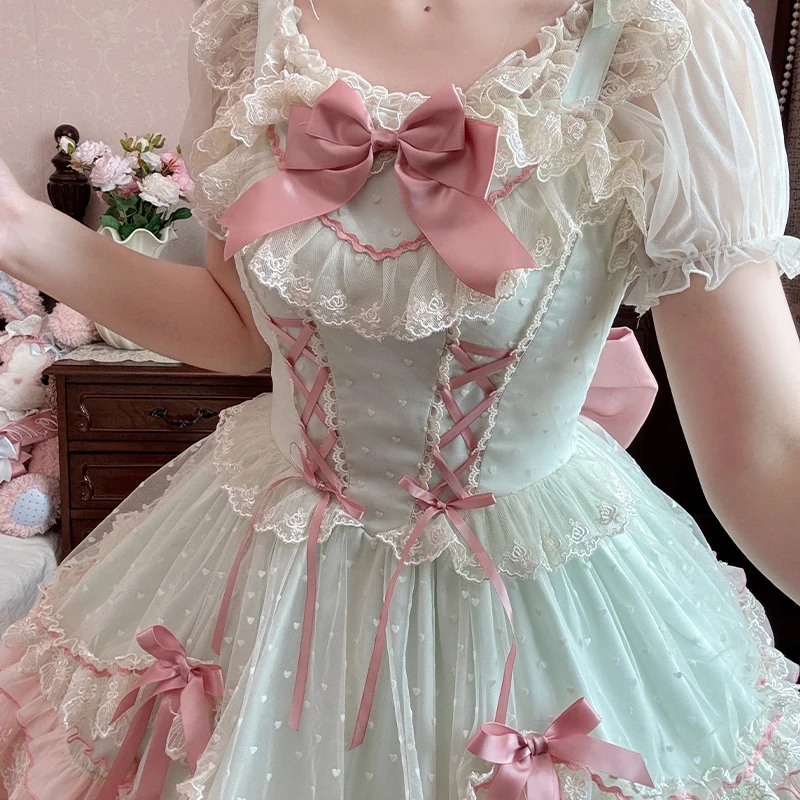 JSK – robe à bretelles rose Style princesse originale pour filles japonaises, jolie robe Lolita en dentelle avec nœud, Mini robe quotidienne sans manches pour femmes