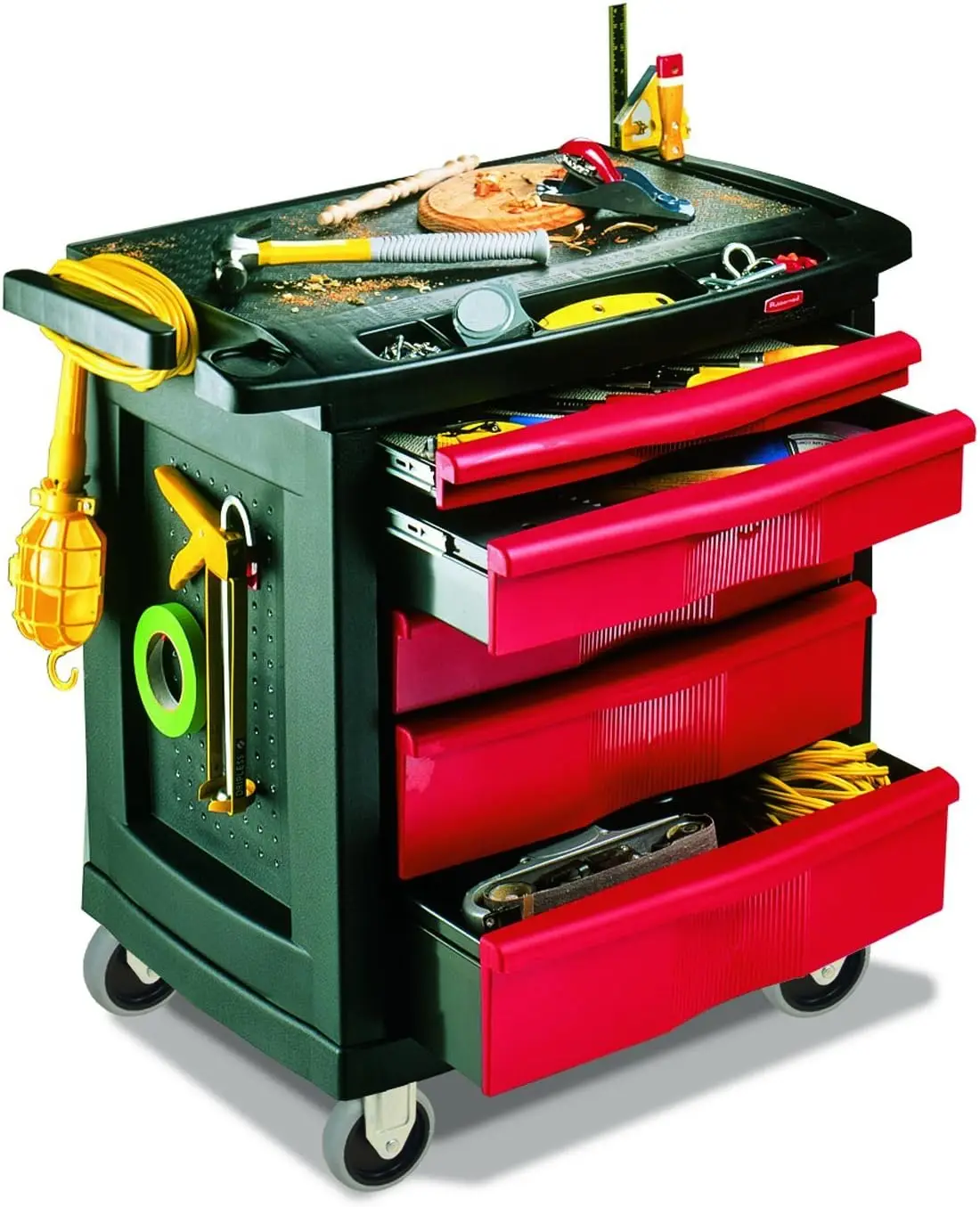 Rubbermaid Commercial Products Mobile Tool Work Center, 5 ลิ้นชัก, ความจุ 250 ปอนด์, สีดํา, สําหรับคลังสินค้า/โรงรถ/ทําความสะอาด/บํารุงรักษา