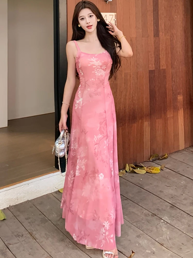 2025 Roze Mesh Bloemen Sexy Sling Lange Jurk Zomer Elegante Casual Vakantie Jurk Vrouwen Nieuwe Koreaanse Mode Bodycon Een Stuk Jurk