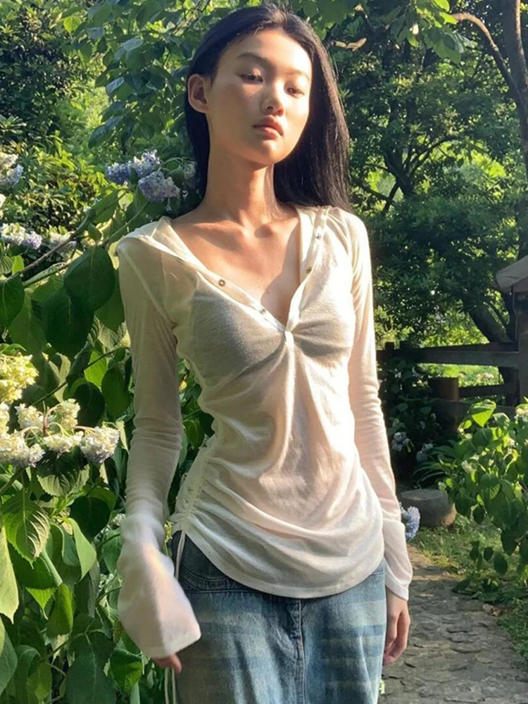 Sexy See Through Hooded T Shirts Women Casual Long Sleeve Thin Long Sleeve Tops Female Streetwear Y2K Sun Protection White Tees