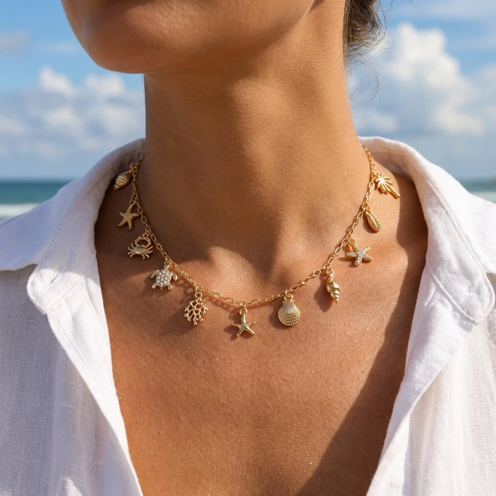 Boho Mehrfach-Anhänger Quasten-Halskette für Frauen Ozean-Serie Korallen-Seestern-Schildkröten-Muschel-Halskette Strand-Schmuck Urlaubsgeschenk – Detail 1