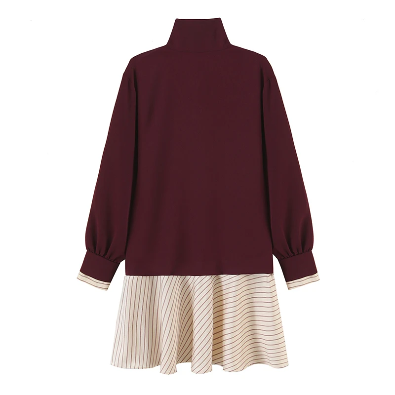 Autumn Women Patchwork Long Sleeve Ruffle Hem Mini Dress Female Vestidos