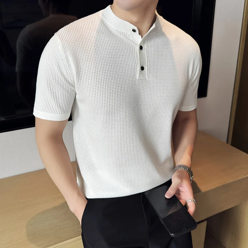 Summer Waffle Knit Polo Shirt for Men High Quality Standing Neck Short Sleeved T-shirt Fashion Casual Business Social POLO Tee