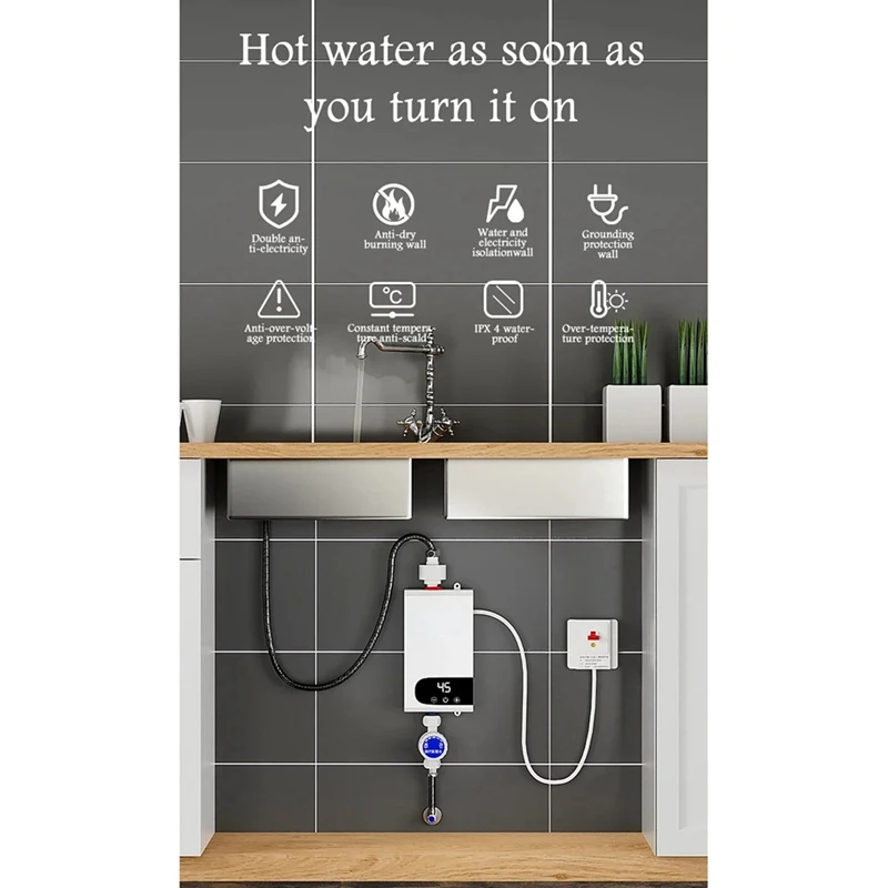 سخان مياه فوري بقوة 5500 وات ABS + معدن للحمام والدش والمطبخ IP4 شاشة LCD مقاومة للماء شاشة ديجيتال بمقبس الاتحاد الأوروبي