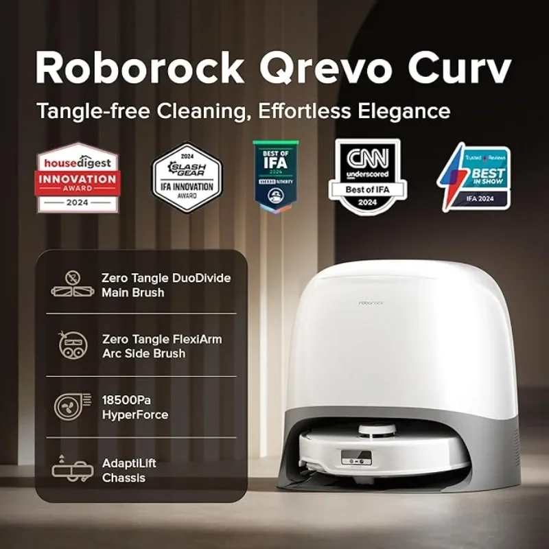 roborock Qrevo Curv หุ่นยนต์ดูดฝุ่นและถูพื้น, การดูด 18,500Pa, Zero-Tangling, แปรงหลัก DuoDivide, แปรงด้านข้าง Arc FlexiArm