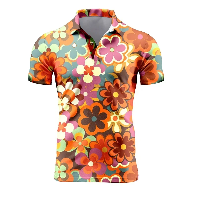 3D Printed Retro Polo Shirt For Men Flower Mushroom Pattern Short Sleeve Outdoor Summer Lapel Tops T-Shirt Button Oversized Tees