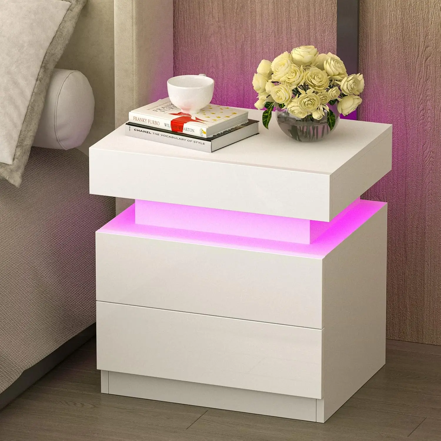 

Modern Nightstand White Finish 2 Drawers & Top Storage Box Bedside Table High Gloss Panel LED Lights Glacier White